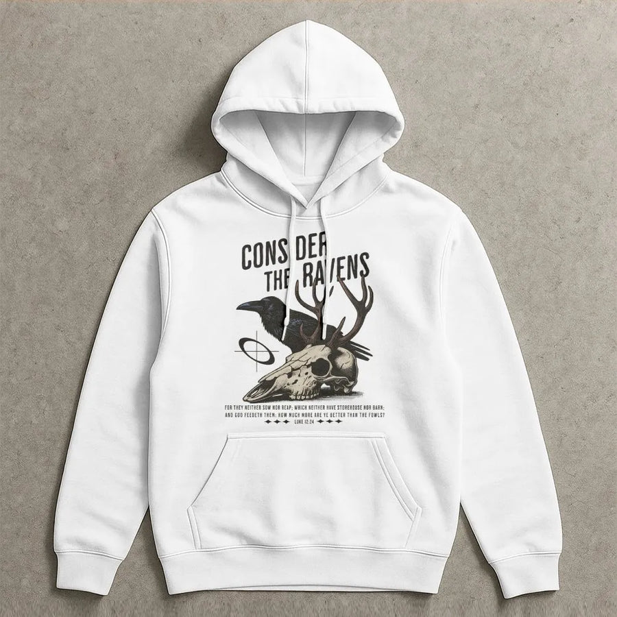 Consider The Ravens Hoodie | Luke 12:24 Scripture Graphic | Premium Cotton Blend | Christian Faith Gift for Him or Her