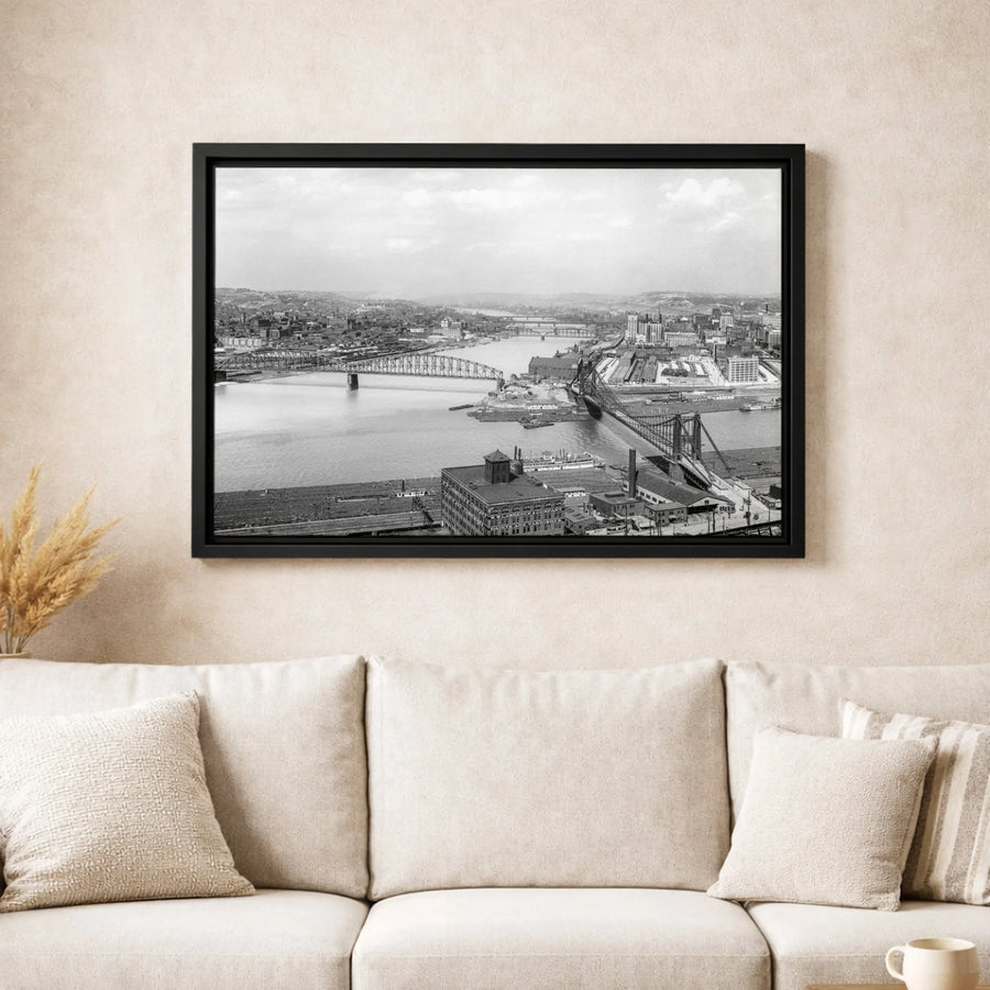 Vintage Pittsburgh Cityscape Canvas Print | Black and White Riverfront Skyline | 1.25-Inch Gallery Wrap | Pennsylvania Home Office Decor