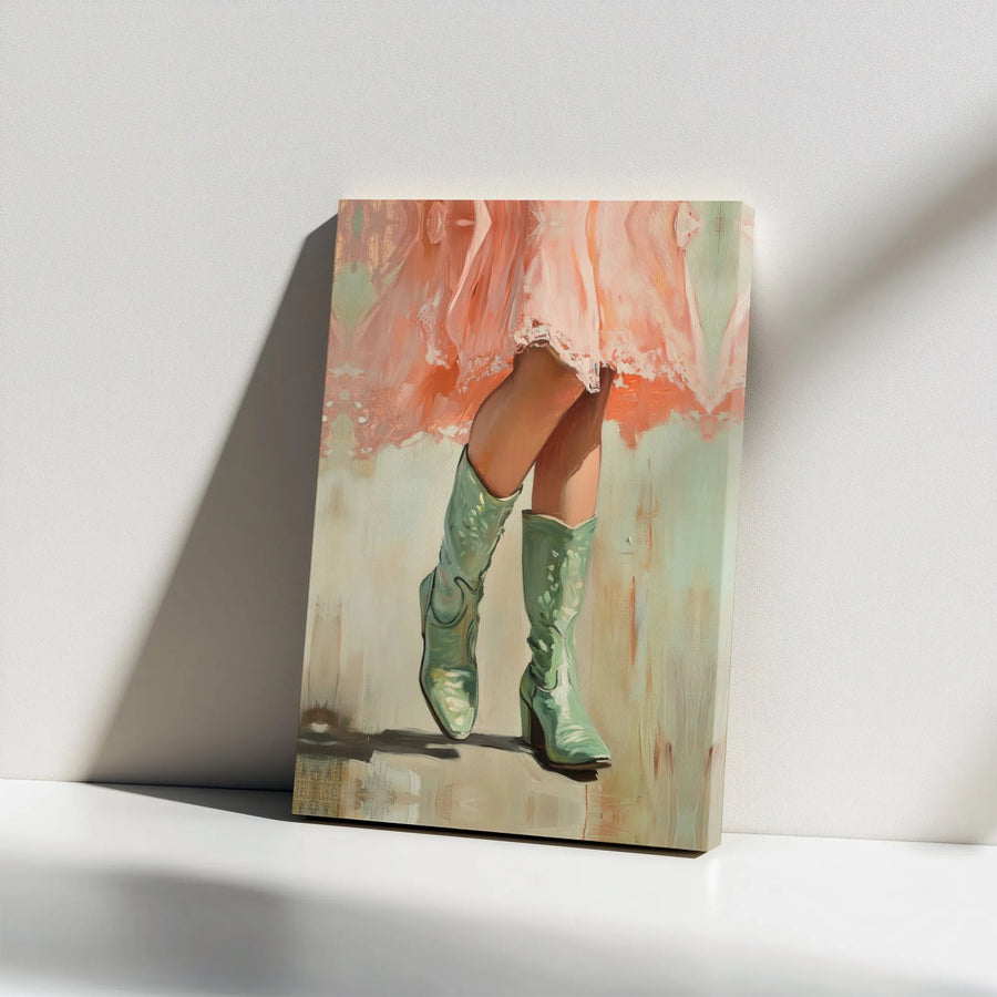 Cowgirl Boots Canvas Wall Art | Mint Green Boots & Pink Dress Painting | Premium Thick Canvas | Modern Western Decor Gift for Her