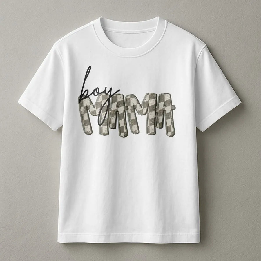 Boy Mama T-Shirt | Retro Checkered Graphic Crewneck | Premium Cotton Blend | Mothers Day Gift for Mom of Boys