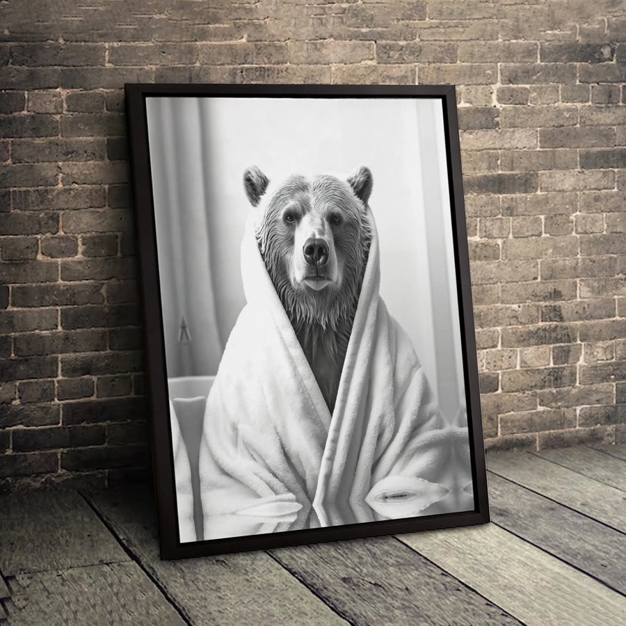 Grizzly Bear in Towel Canvas Print | Funny Bathroom Wall Art | 1.25-inch Premium Gallery Wrap | Whimsical Animal Home Decor Gift