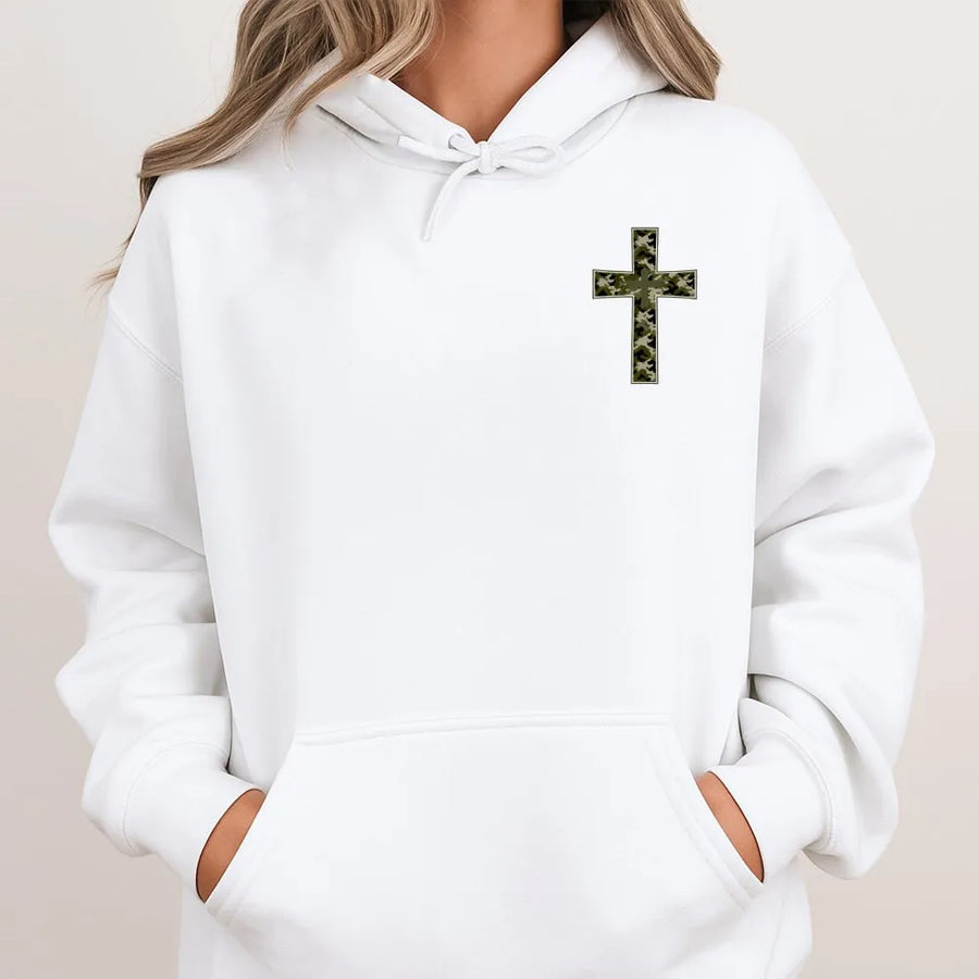 Camo Cross Hoodie | Military Camouflage Christian Faith Graphic | Soft Cotton Blend | Patriotic Religious Gift for Veterans & Christians