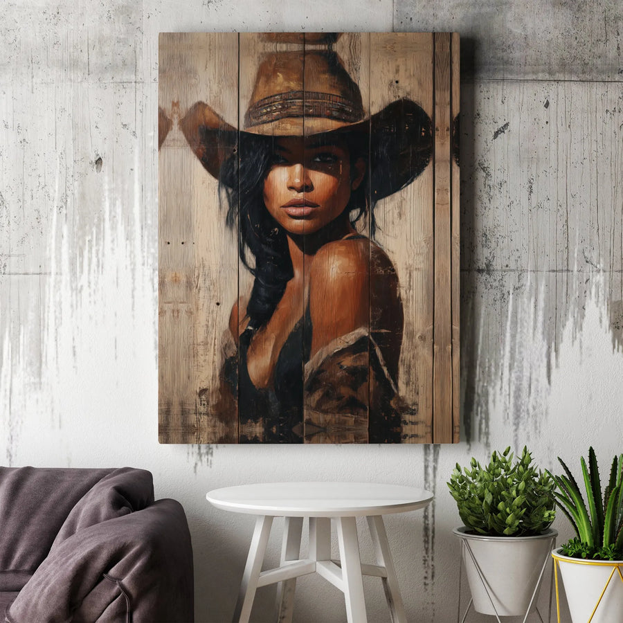 Black Cowgirl Wall Art | Rustic Western Portrait on Wood Grain | Premium Gallery Wrap Canvas | Unique Farmhouse Decor for Home or Office