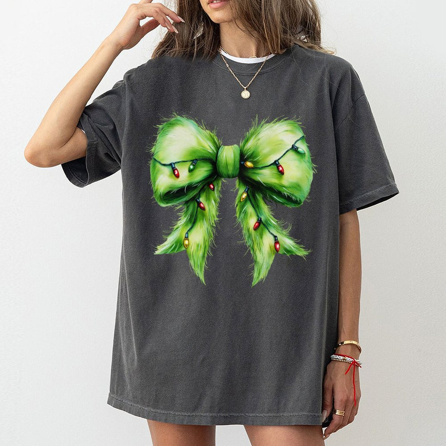 Furry Green Bow Christmas T-Shirt | Retro Festive Holiday Lights Graphic | 100% Cotton Premium Tee | Coquette Aesthetic Holiday Gift for Women
