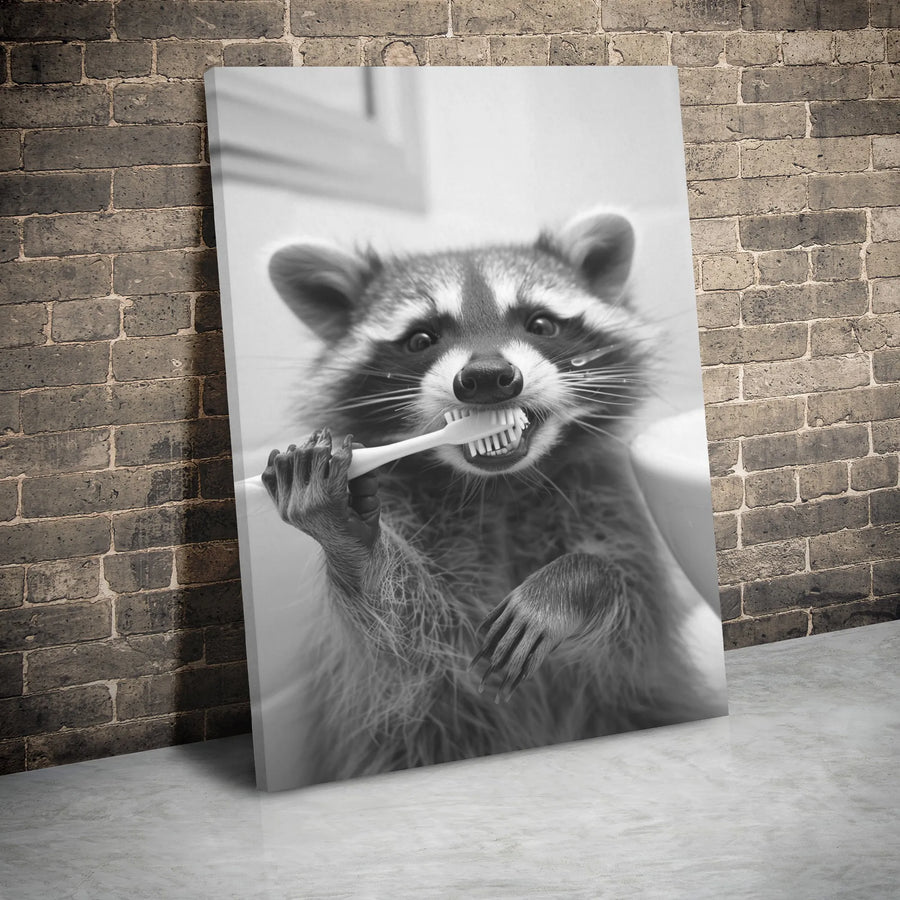 Funny Raccoon Bathroom Wall Art | Cute Animal Brushing Teeth Print | Premium Gallery Wrapped Canvas | Whimsical Home Decor Gift