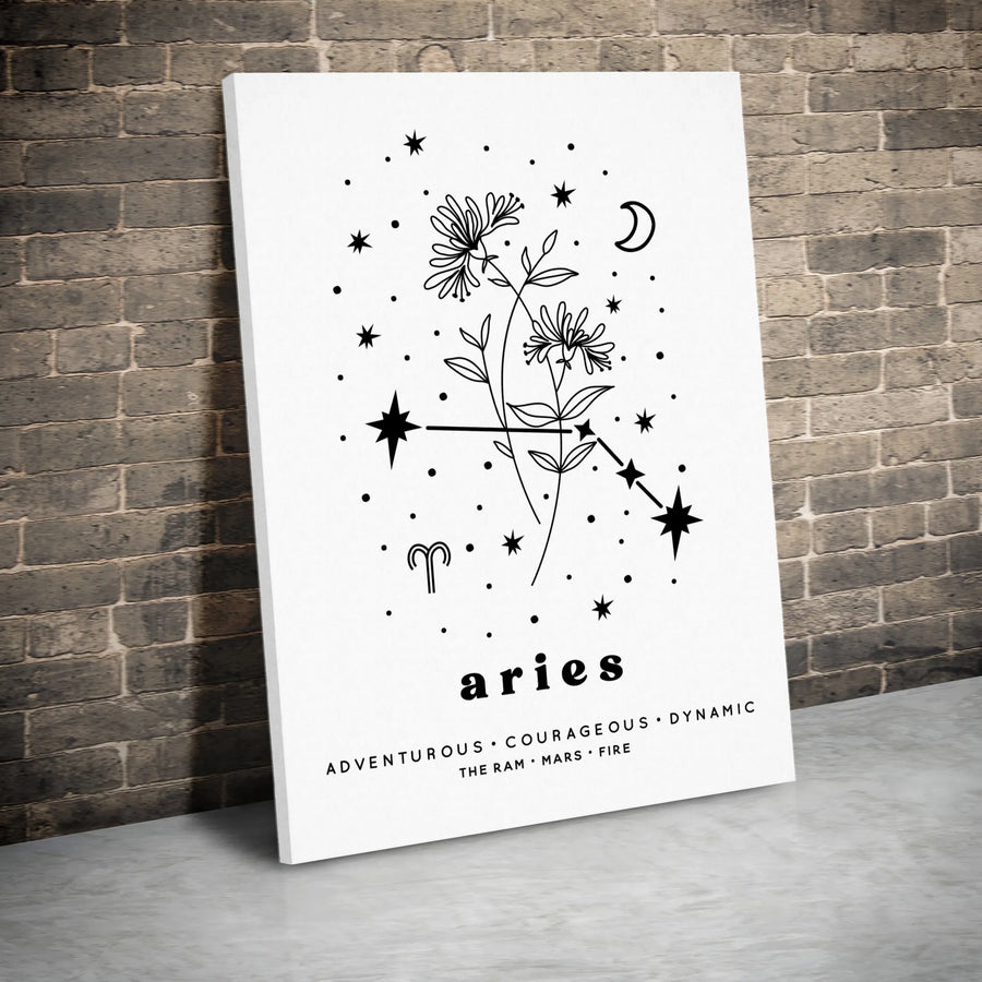 Aries Zodiac Canvas Print | Floral Constellation Line Art | Premium Gallery Wrapped 1.25" Canvas | Astrology Birthday Gift for Her