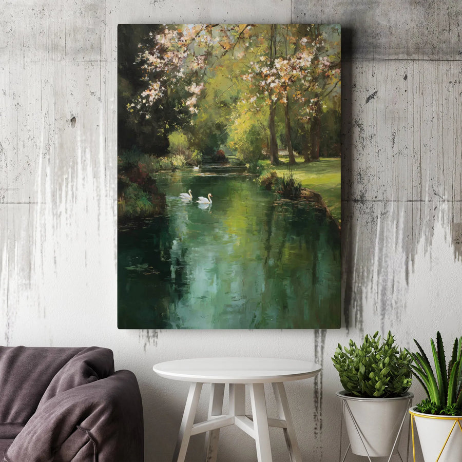 Swan Lake Canvas Wall Art | Impressionist River Landscape Painting | Premium Gallery Canvas | Living Room & Bedroom Wall Decor Gift