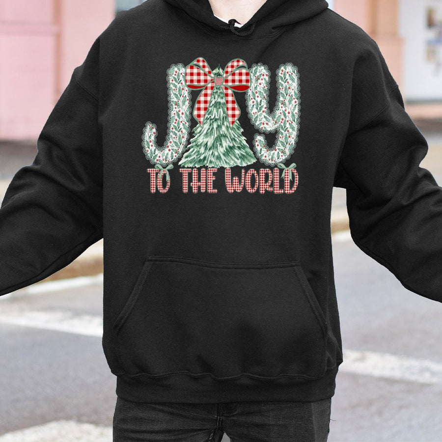 Joy To The World Hoodie | Christmas Tree Plaid Bow Graphic | Premium Cotton Blend | Religious Holiday Gift For Her