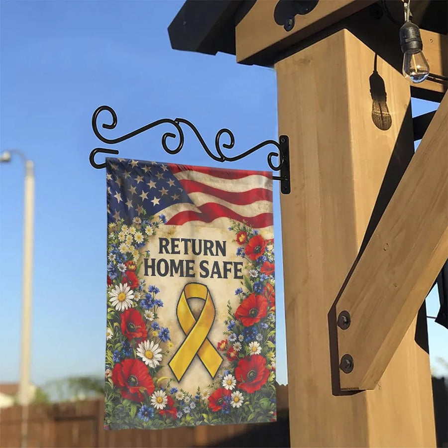 Return Home Safe Garden Flag | Yellow Ribbon Military Support with American Flag and Florals | Double-Sided Premium Polyester | Patriotic Deployment Welcome Home Gift