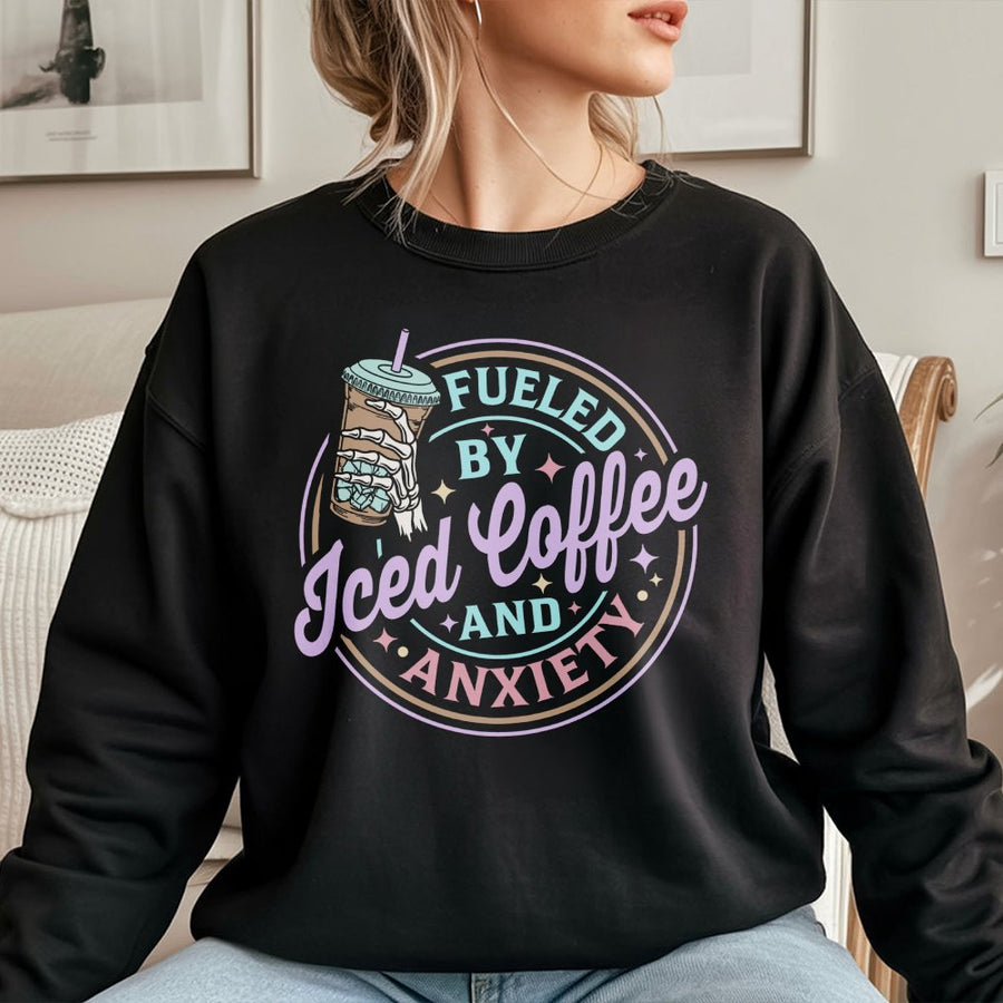 Fueled By Iced Coffee And Anxiety Sweatshirt | Skeleton Hand Aesthetic Graphic | Premium Cotton Blend | Gift For Coffee Lovers And Students