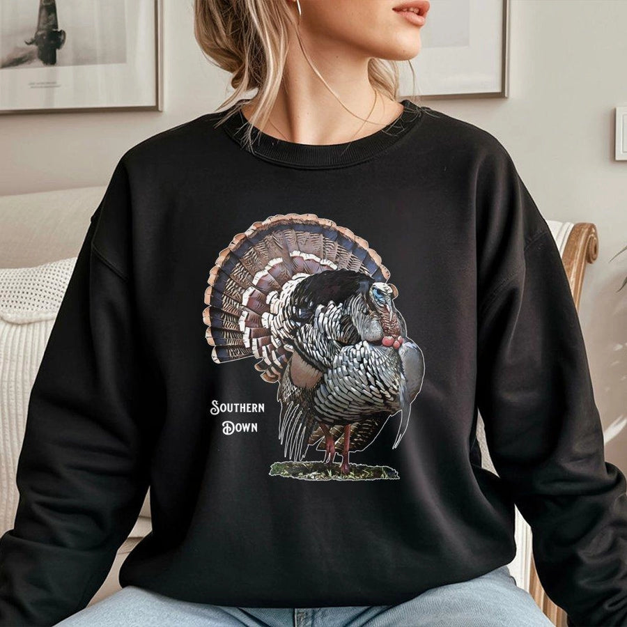 Wild Turkey Graphic Sweatshirt | Southern Down Wildlife Hunting Art | Premium Cotton Blend Crewneck | Outdoorsman Gift For Hunter And Nature Lover