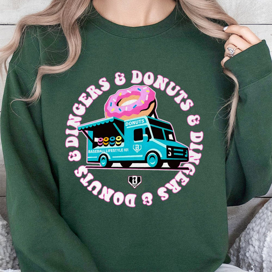 Baseball Donut Truck Sweatshirt | Dingers & Donuts Graphic Print | Soft Cotton-Blend Premium Pullover | Fun Game Day Gift for Baseball Fans