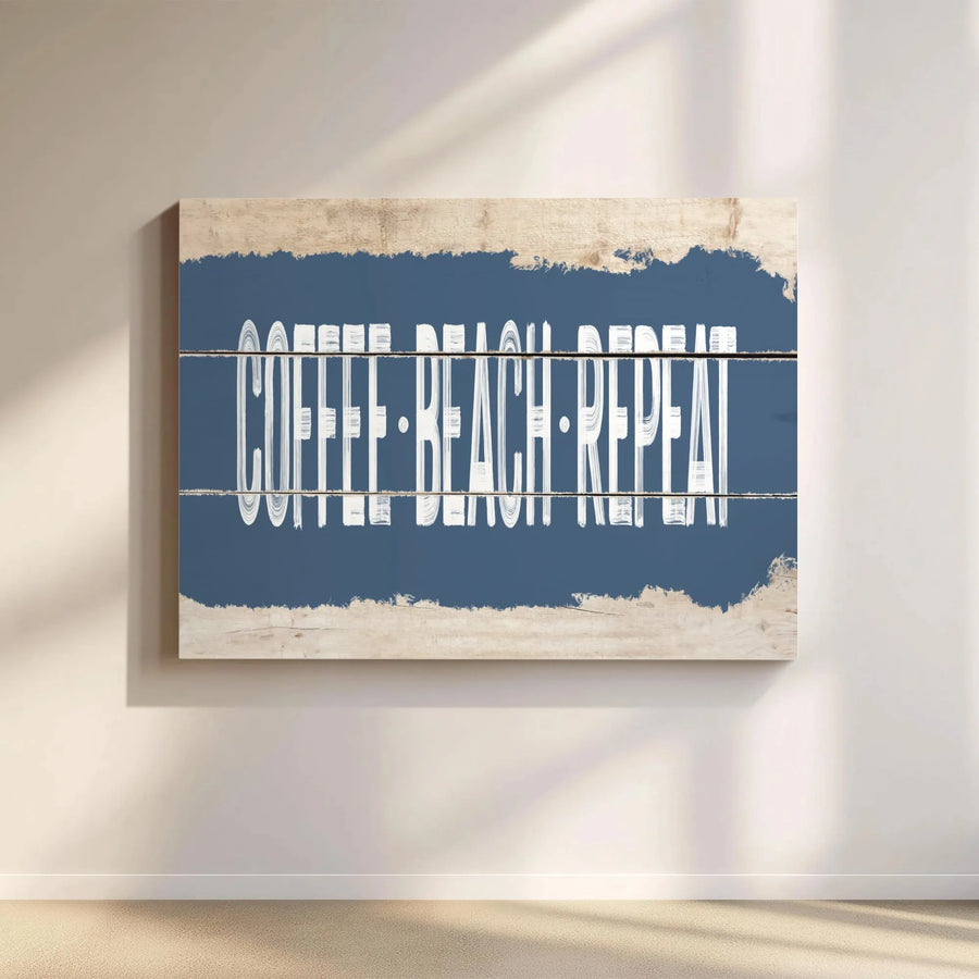 Coffee Beach Repeat Horizontal Canvas | Rustic Coastal Faux Wood Blue Sign Print | Premium 1.25" Stretched Frame Wall Art | Beach House Decor & Kitchen Gift