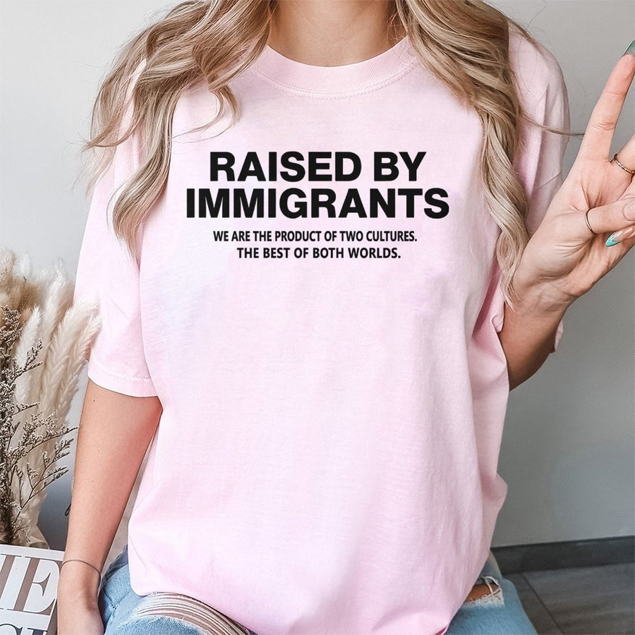 Raised By Immigrants T-Shirt | Two Cultures Heritage Quote Graphic | 100% Soft Cotton Tee | Meaningful Gift For First Generation Americans