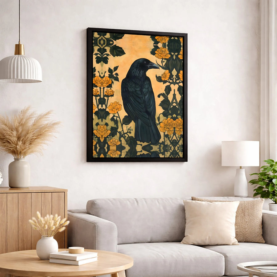 Black Raven Canvas Wall Art | Art Nouveau Yellow Rose Illustration | Premium Gallery Wrapped Print | Dark Academia Gothic Home Decor Gift