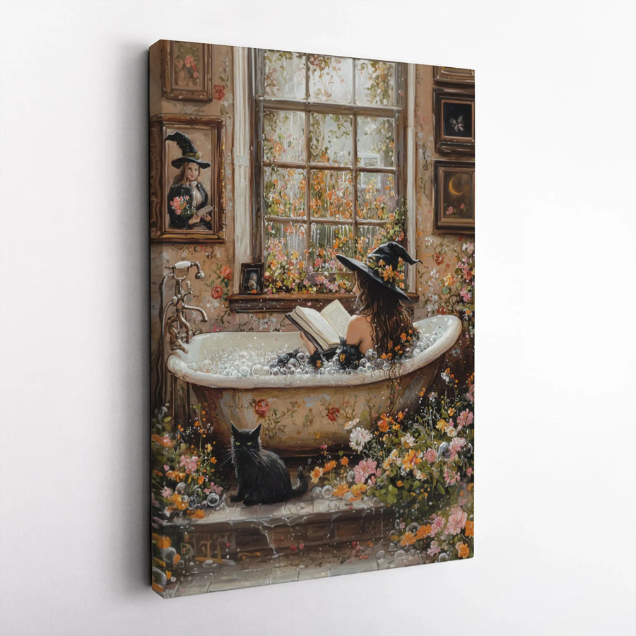 Witch Reading In Floral Bathtub Canvas | Whimsical Cottagecore Witchy Wall Art | 1.25 Inch Gallery Wrap | Spooky Aesthetic Home Decor Gift