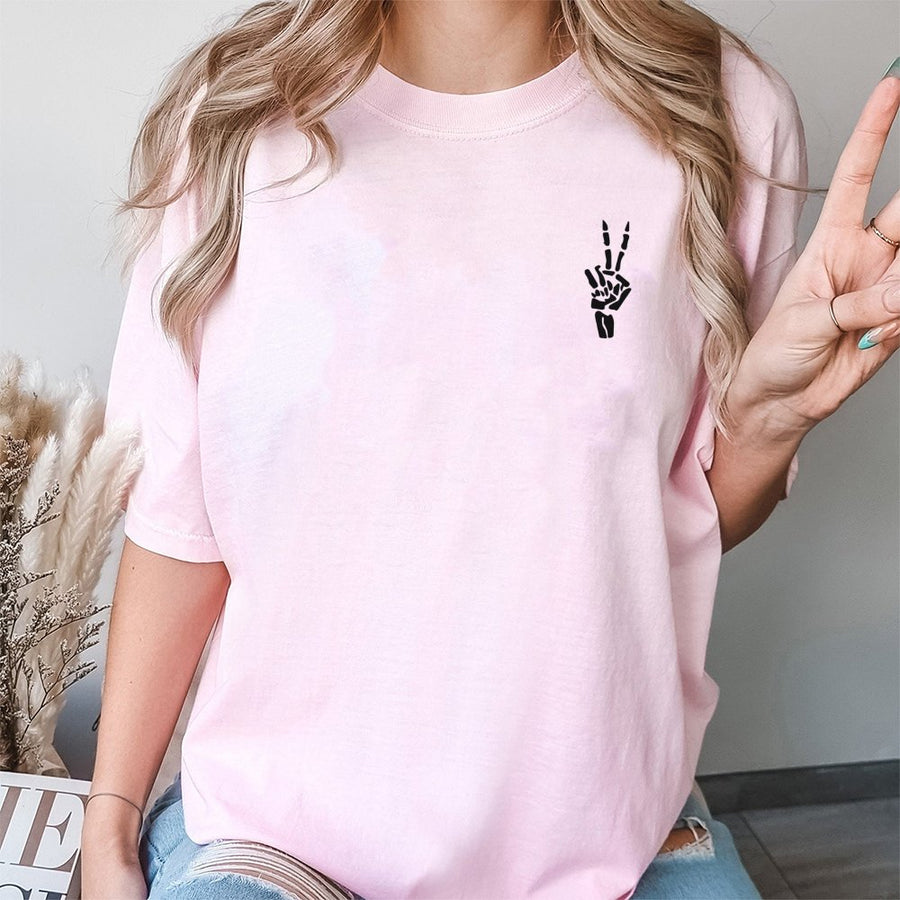 Skeleton Peace Sign T-Shirt | Minimalist Hand Graphic | 100% Cotton Premium Unisex Tee | Funny Sarcastic Gift for Goth Aesthetic Lovers
