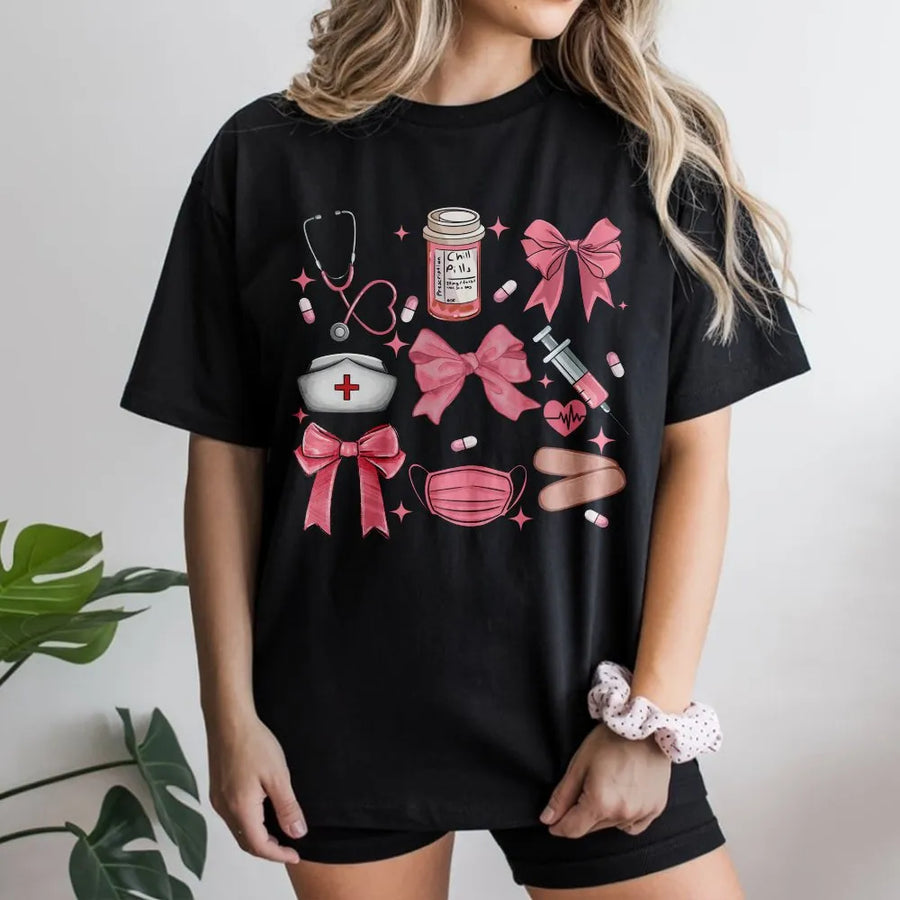 Coquette Nurse T-Shirt | Aesthetic Pink Bow Graphic Print | Soft Cotton Blend Crewneck | Gift for RN Nursing School Student