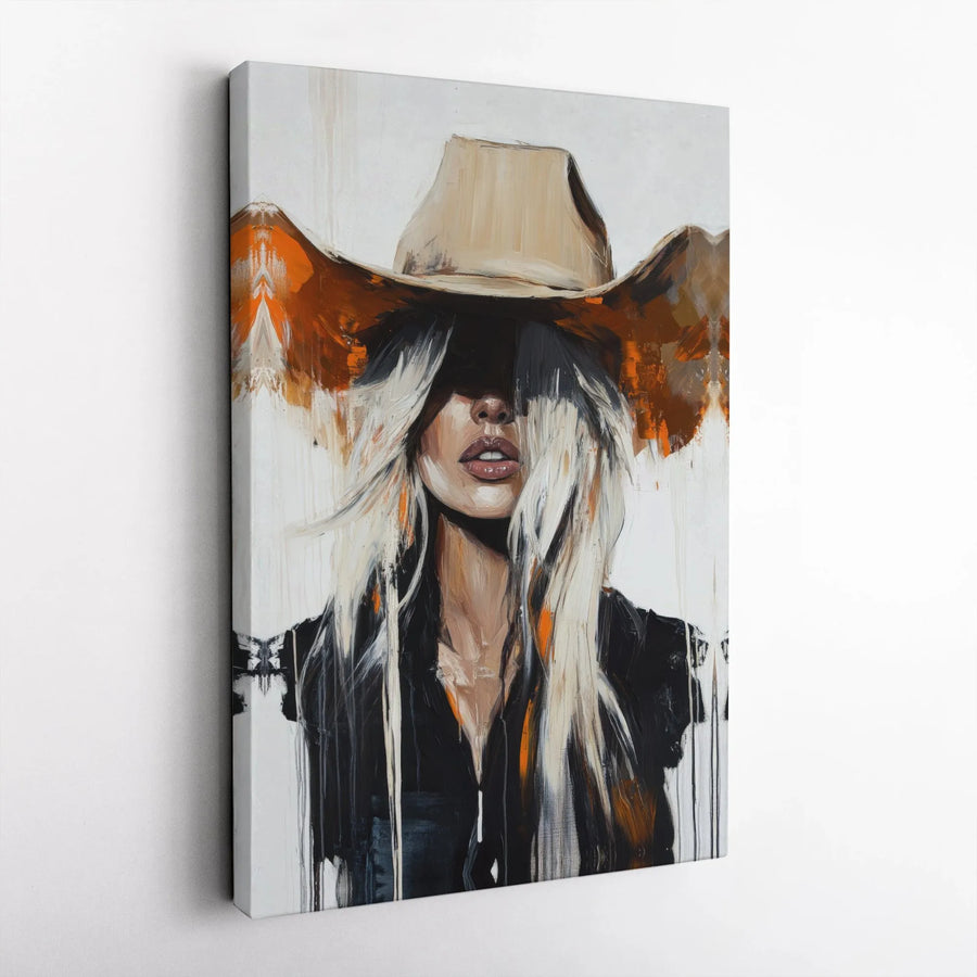 Western Cowgirl Canvas Wall Art | Abstract Blonde Woman Portrait | 1.25" Premium Gallery Wrap | Modern Home Decor Gift
