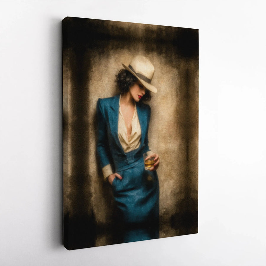Vintage Woman Portrait Canvas | Fedora Hat Blue Suit Whiskey Drinker | Gallery Wrapped Premium Wall Art | Sophisticated Home Office Decor Gift