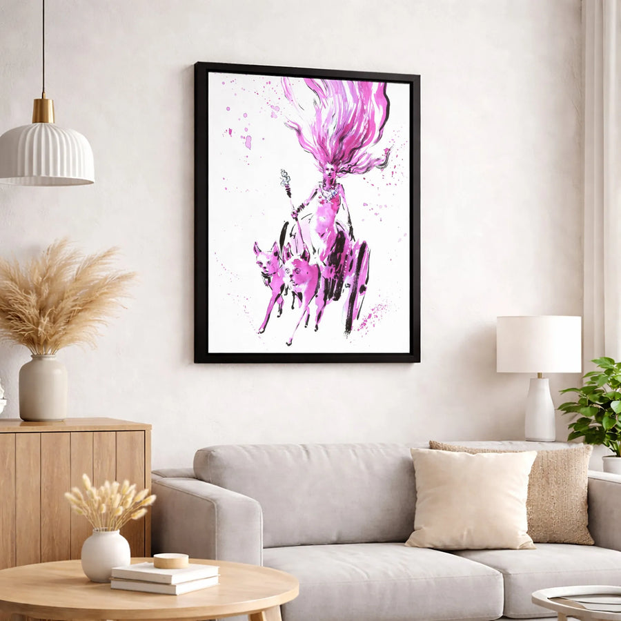 Goddess with Wolves Canvas Wall Art | Surreal Pink Watercolor Fantasy Print | 1.25-Inch Gallery Wrap | Mythological Home Decor Gift