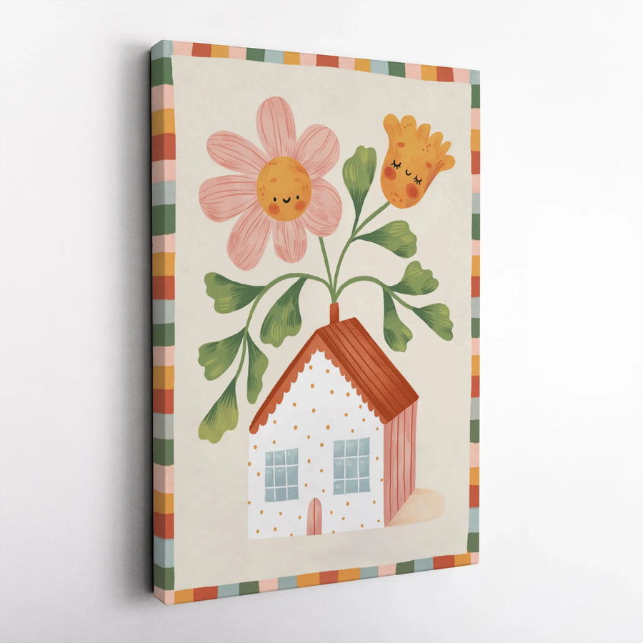 Whimsical House Canvas Print | Smiling Floral Folk Art Illustration | Premium Gallery Wrap Wall Decor | Cute Aesthetic Nursery Room Art Gift