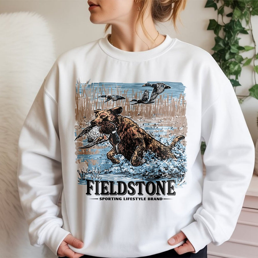 Fieldstone Hunting Dog Sweatshirt | Duck Retrieval Graphic Art | Premium Cotton Blend Crewneck | Outdoor Waterfowl Gift for Hunters