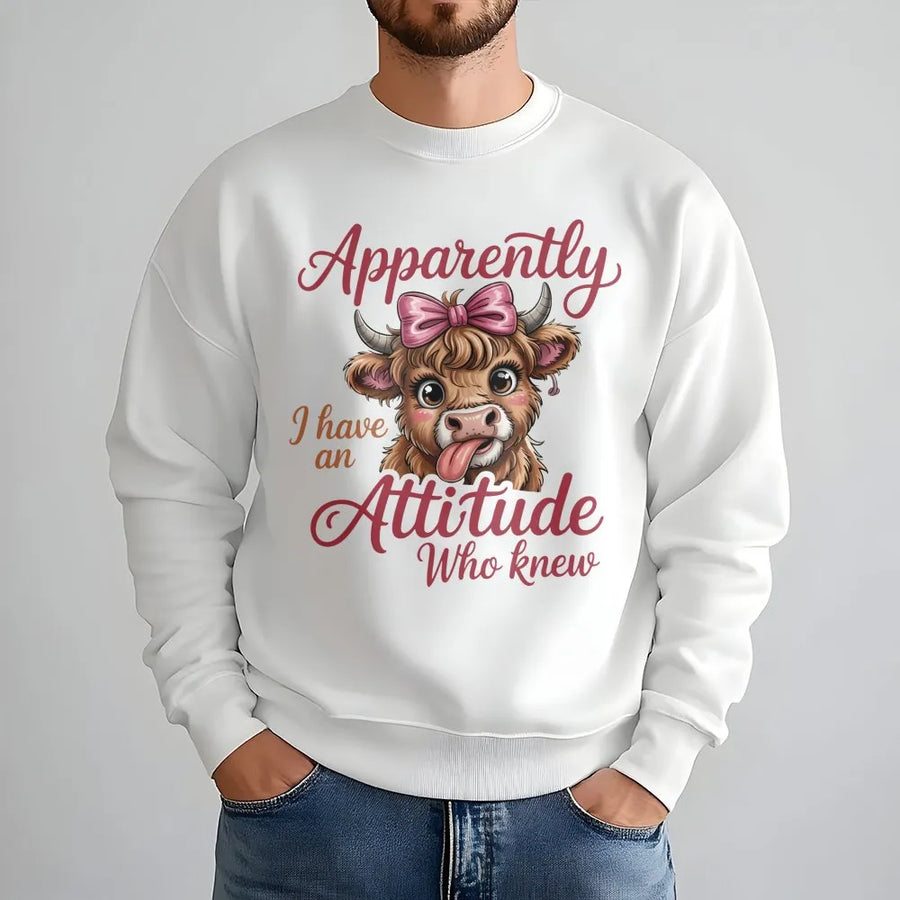 Highland Cow Sweatshirt | Apparently I Have An Attitude Funny Graphic | Premium Cotton Blend | Gift For Farm Animal Lovers And Sassy Women