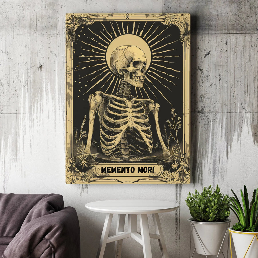 Memento Mori Canvas Art | Tarot Card Skeleton Skull Design | Premium Gallery Wrap Wall Decor | Gothic Home Office Aesthetic Gift
