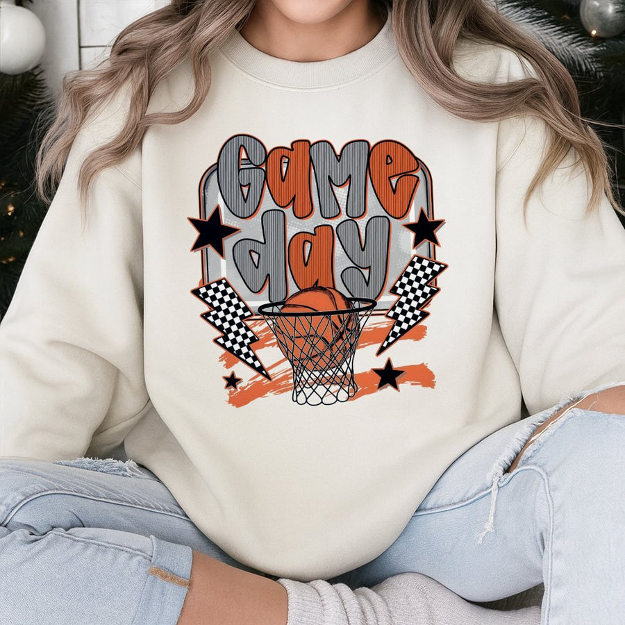 Game Day Basketball Sweatshirt | Retro Checkered Sports Graphic | Cotton Blend Premium Crewneck | Basketball Mom Gift for Fan