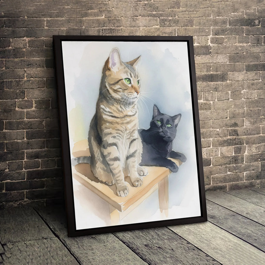 Cat Wall Art Print | Watercolor Tabby and Black Cat Illustration | Premium Gallery Wrapped Canvas | Gift for Cat Lovers and Pet Owners