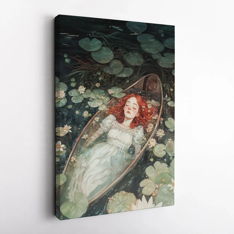 Serene Maiden Canvas Wall Art | Redhead Woman in Water Lily Pond | Premium Gallery Wrap Print | Fantasy Art Gift for Romantic Bedroom Decor