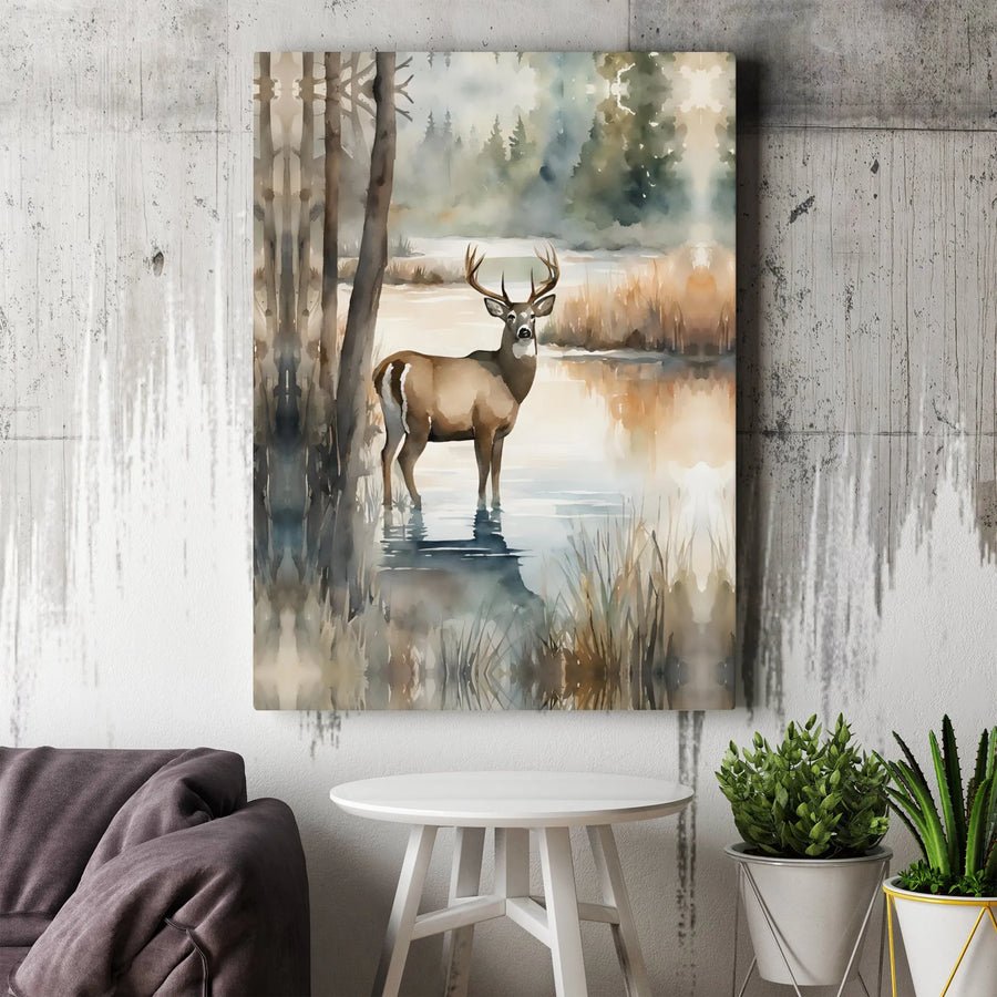 Deer Canvas Wall Art | Watercolor Forest Landscape Painting | Premium Gallery Wrap Canvas | Rustic Cabin Decor Gift for Nature Lovers