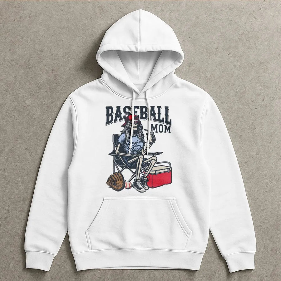 Baseball Mom Hoodie | Spooky Skeleton Baseball Graphic | Premium Cotton Blend Comfort | Gift For Softball Mom & Bleacher Coach Supporters