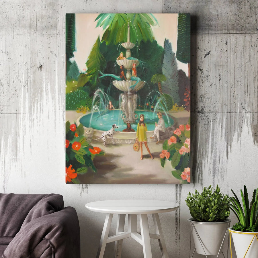Surreal Mermaid Fountain Canvas Print | Whimsical Painting with Woman Taking Selfie | Premium Gallery Wrapped Wall Art | Collector's Eclectic Home Decor