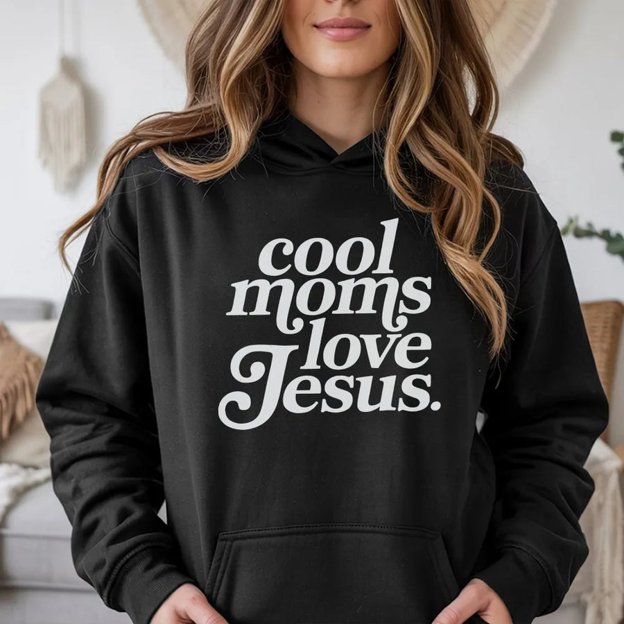 Cool Moms Love Jesus Hoodie | Retro Christian Graphic Sweatshirt | Premium Cotton Blend | Faith Based Gift for Mom, Religious Mama Apparel