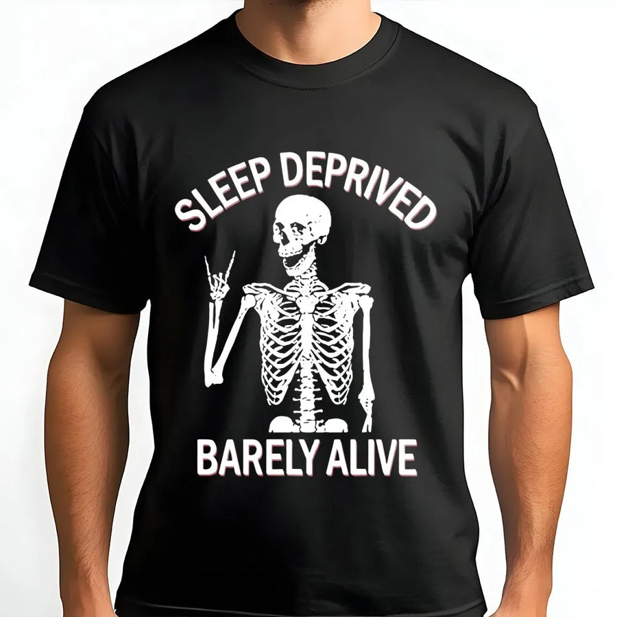 Sleep Deprived Barely Alive T-Shirt | Funny Skeleton Rock Hand Graphic | Premium Soft Cotton Tee | Sarcastic Gift for Tired Adults