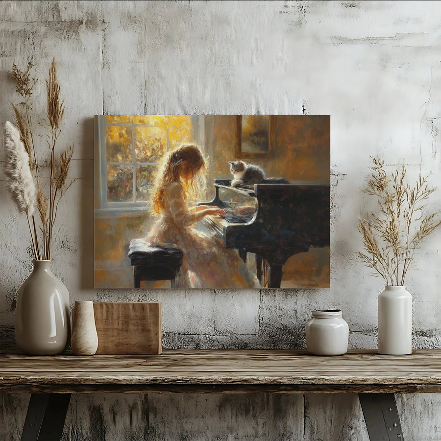 Girl Playing Piano With Cat Canvas Print | Impressionist Style Wall Art | Premium 1.25-inch Thick Gallery Wrap | Elegant Home Decor Gift
