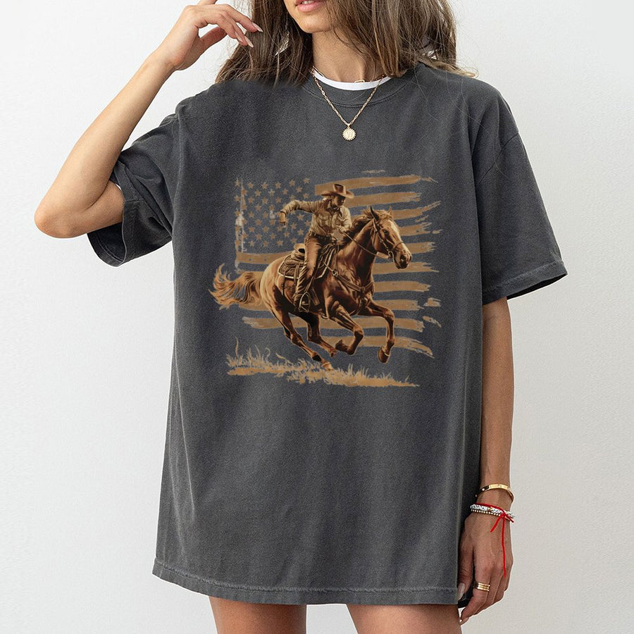 Western Cowboy Graphic T-Shirt | Distressed American Flag Design | 100% Premium Cotton | Patriotic Rodeo Style Gift for Him & Her