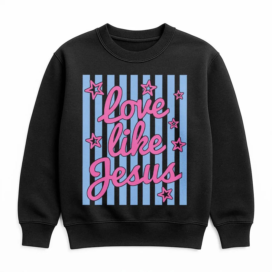 Love Like Jesus Sweatshirt | Retro Striped Christian Graphic | Cozy Cotton Blend Pullover | Faith Based Apparel Gift for Women