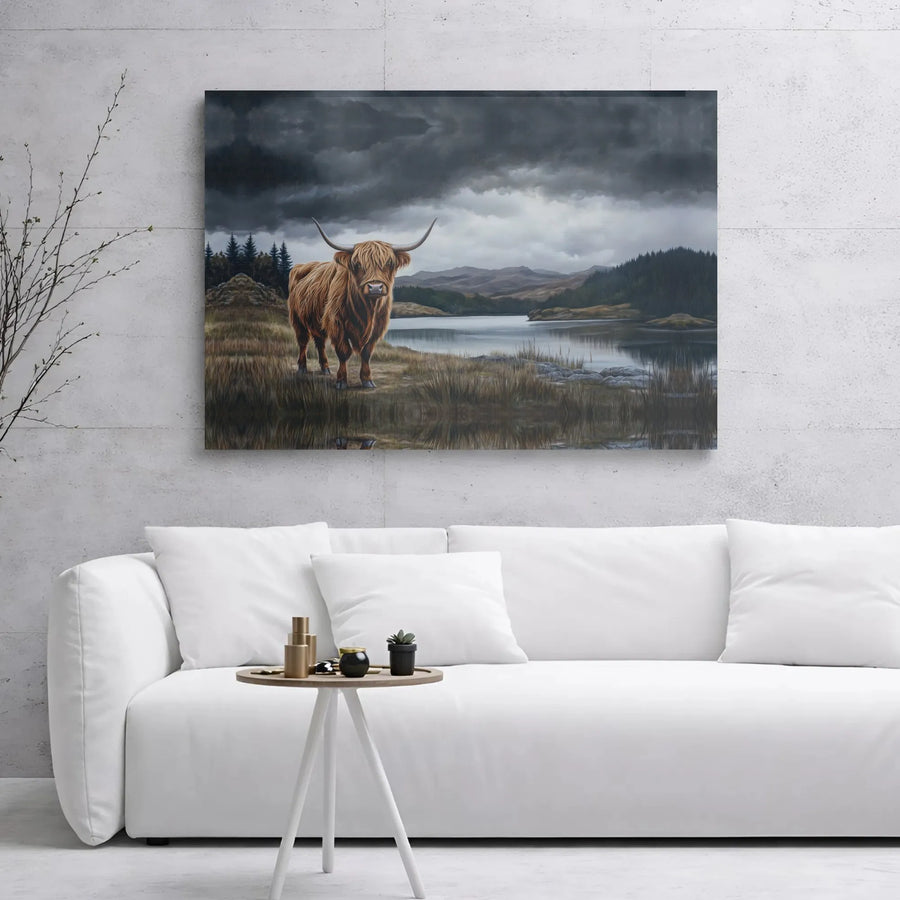 Highland Cow Canvas Wall Art | Stormy Scottish Loch Landscape | Premium Gallery Wrap Print | Rustic Farmhouse Home Decor Gift