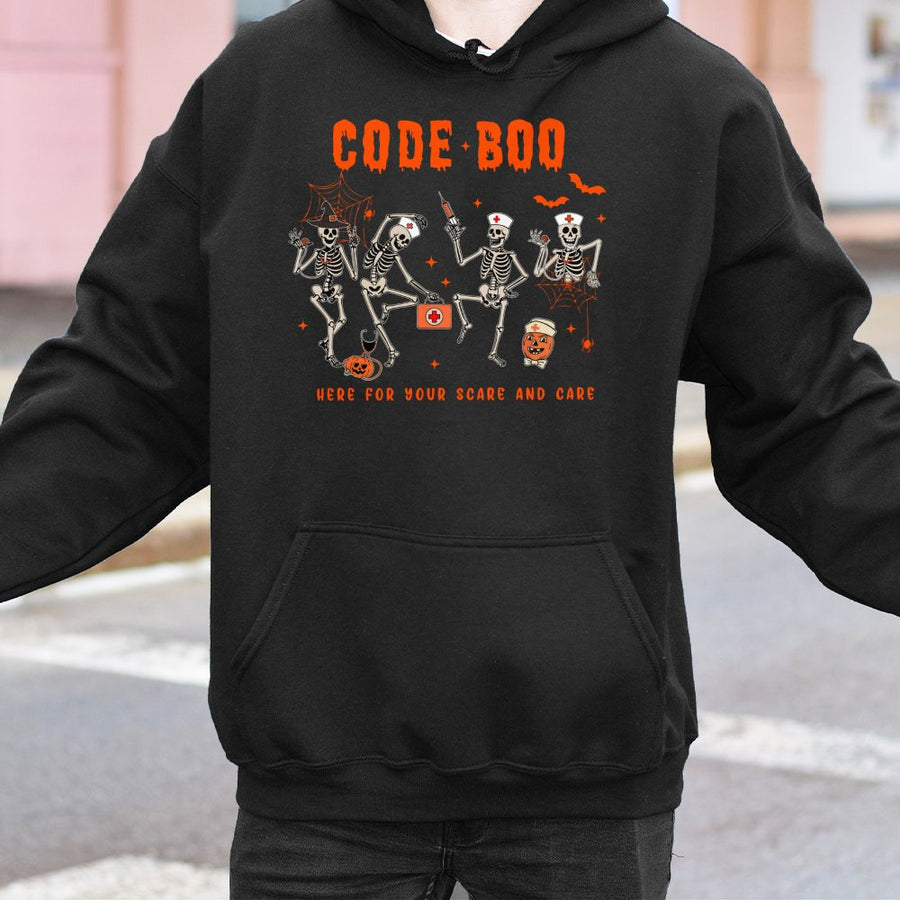 Code Boo Halloween Hoodie | Nursing Skeleton Graphic Sweatshirt | Premium Cotton-Blend | Spooky Nurse Gift for RN CNA Student