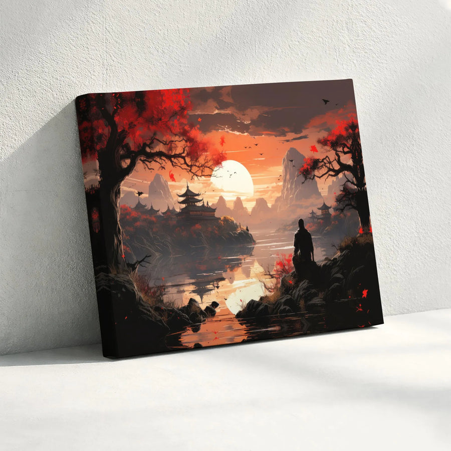 Japanese Sunset Pagoda Horizontal Canvas | Serene Mountain Lake & Red Autumn Trees | Premium Gallery-Style Wall Art | Zen Meditation Room Decor
