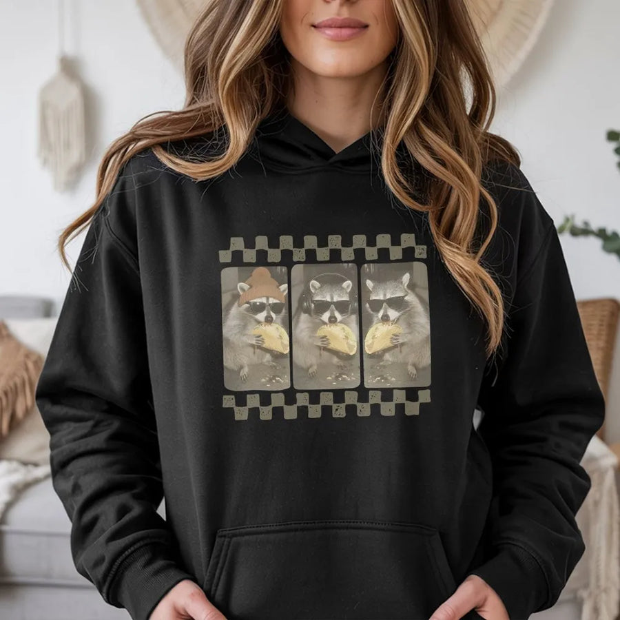 Funny Raccoon Hoodie | Taco Eating Trash Panda Retro Checkerboard Graphic | Soft Cotton Blend | Unisex Collector's Gift for Animal Lovers