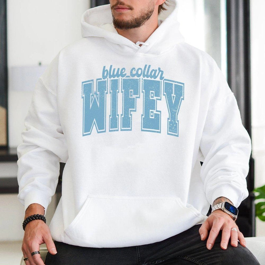 Blue Collar Wifey Hoodie | Varsity Letter Graphic Pullover | Premium Cotton Blend | Gift For Construction Wife, Proud Tradesman Partner