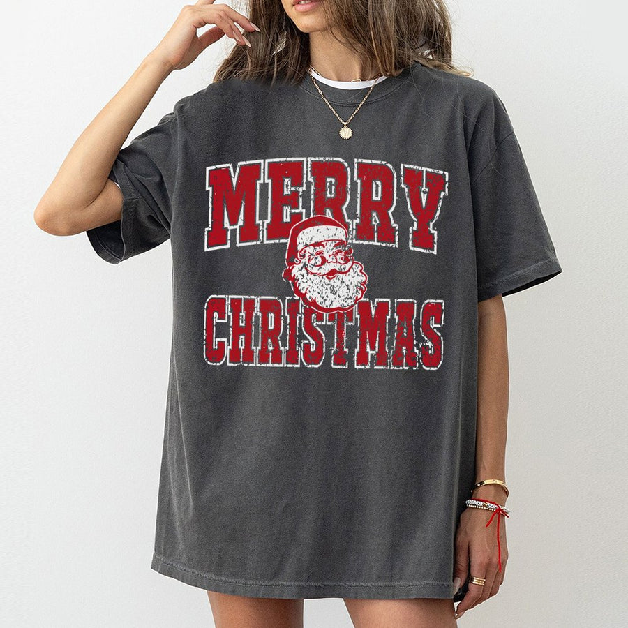 Merry Christmas Santa Graphic T-Shirt | Distressed Vintage Holiday Red Print | Premium 100% Cotton | Festive Gift for Men and Women