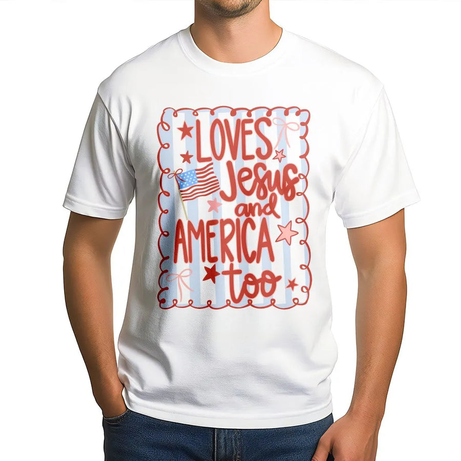 Loves Jesus And America Too T-Shirt | Patriotic Coquette Bow Graphic | Premium Soft Cotton | Christian Fourth Of July Gift For Her