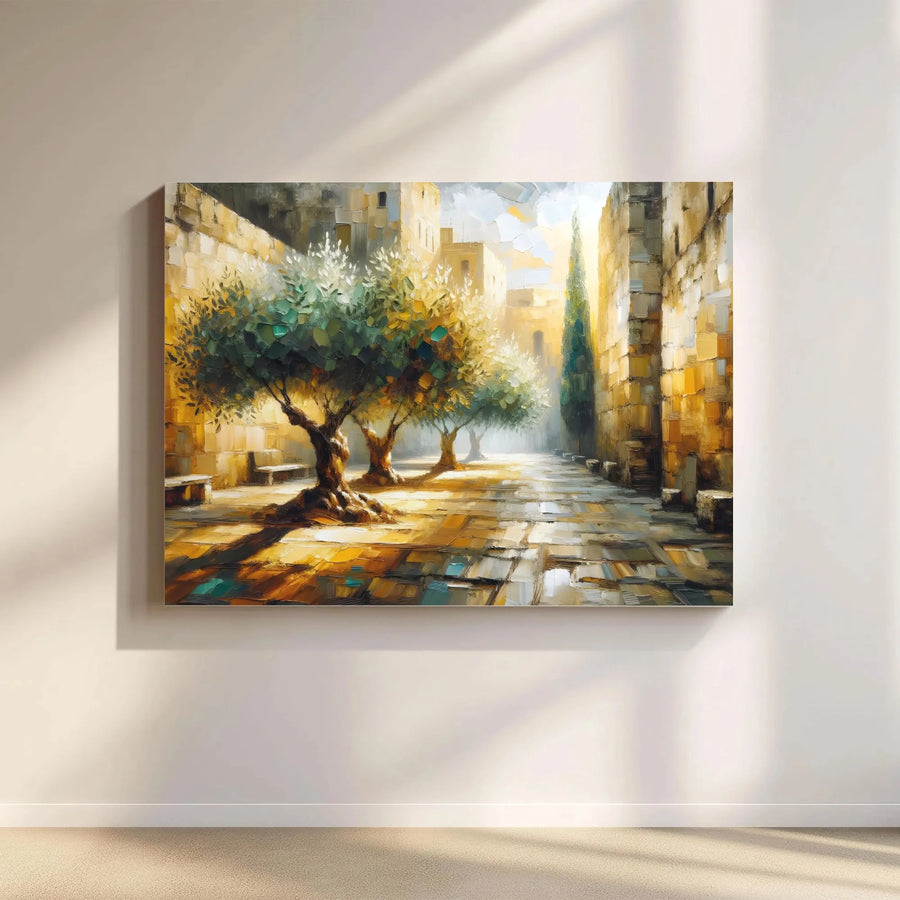 Mediterranean Olive Tree Canvas Wall Art | Sunlit Ancient Stone Alleyway Impressionist Print | Premium 1.25-inch Gallery Wrap | Home Office Decor Gift