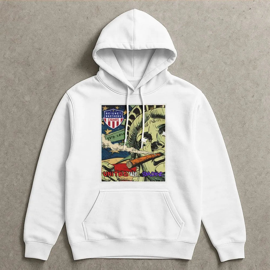 Lady Liberty Smoking Cigar Hoodie | United We Smoke Graphic Art | Premium Cotton-Blend Pullover | Gift for Cigar Lover