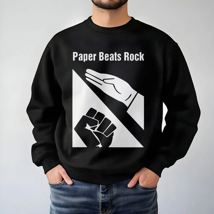 Paper Beats Rock Sweatshirt | Funny Hand Gesture Graphic Tee | Premium Cotton Blend Crewneck | Humorous Gift for Gamer or Game Night Fan